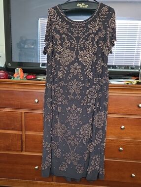 Betsy & Adam Brown Maxi Dress with Rose-Gold Beading